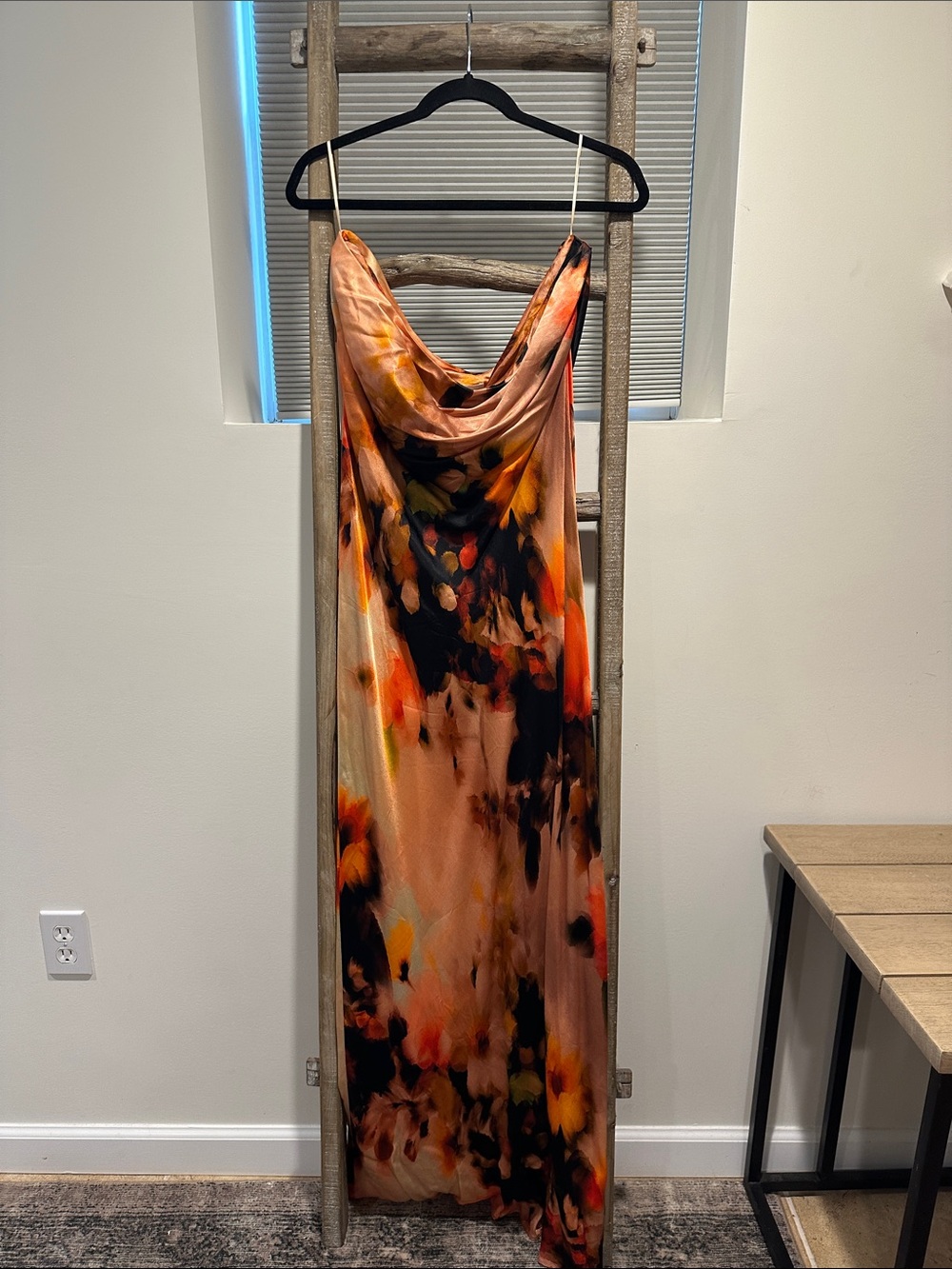 Anthropologie Peach and Black Floral Cowl-Neck Maxi Dress